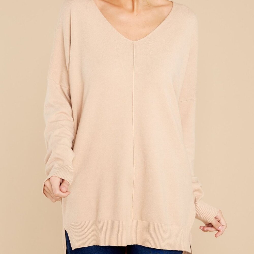 Dreamers by Debut V Neck Tunic Sweater S/M Longline Oversized Tan